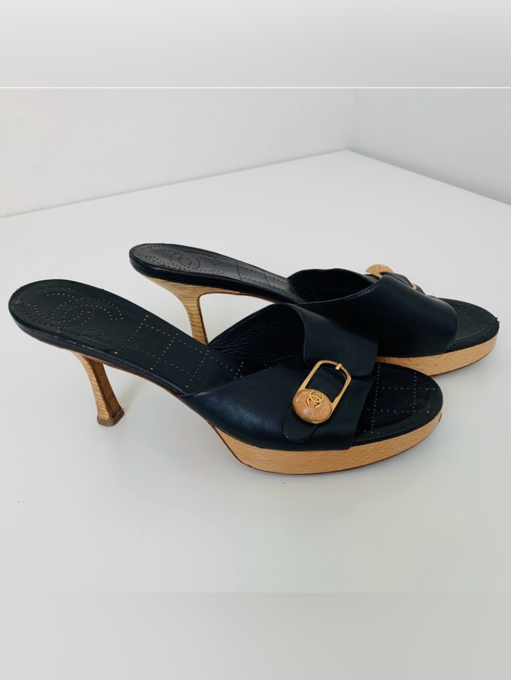 Authentic CHANEL Black Leather Slide Heels with Gold Insignia Accent. Sz: 9.5-10